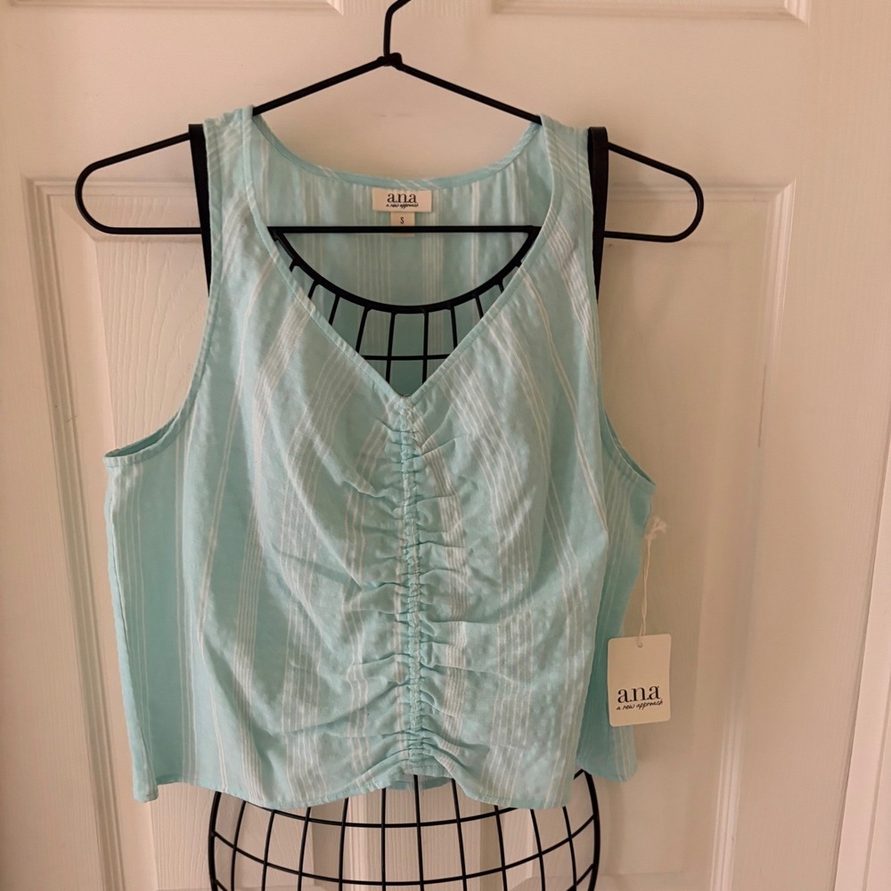a.n.a. Womens Small Aqua Blue White Striped Ruched Front V Neck Tank Top NWT